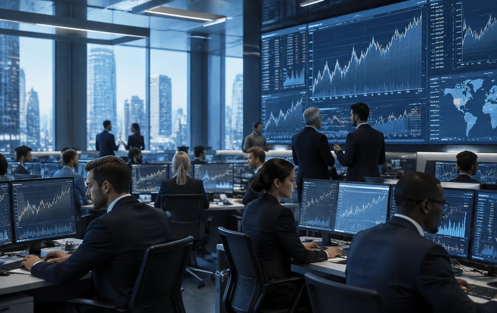 Professional market team working across global trading screens